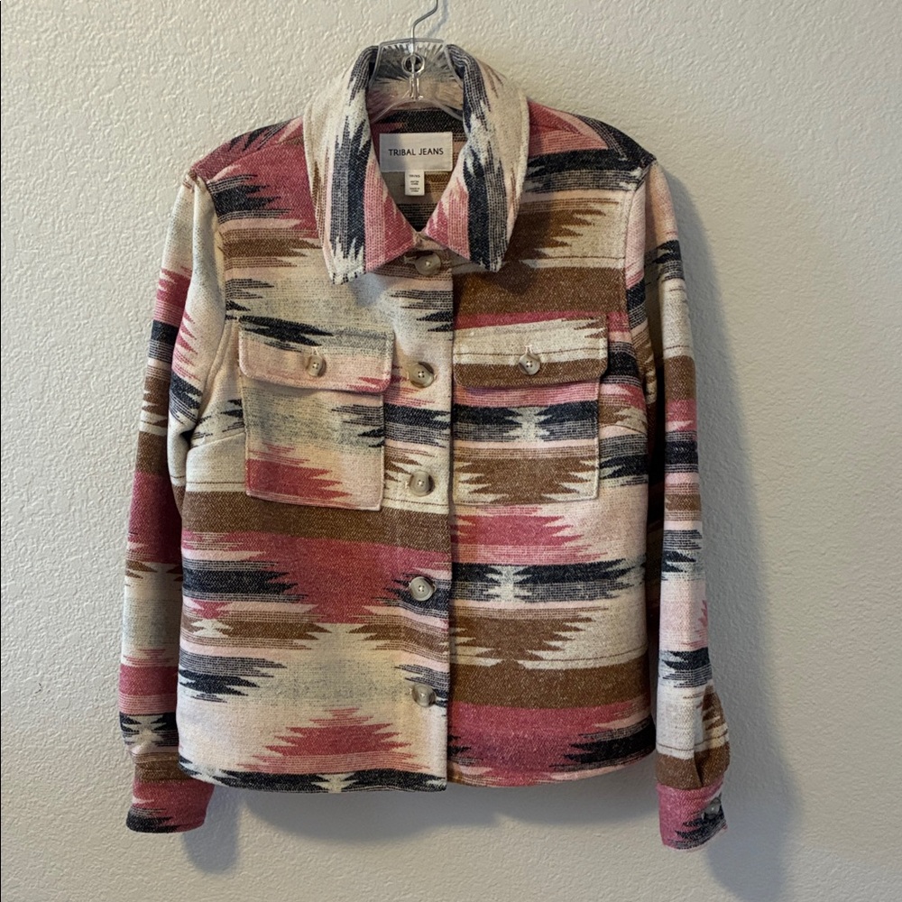 Tribal Jeans Aztec Print Women's Pink, Gray and Cream Southwestern Shacket